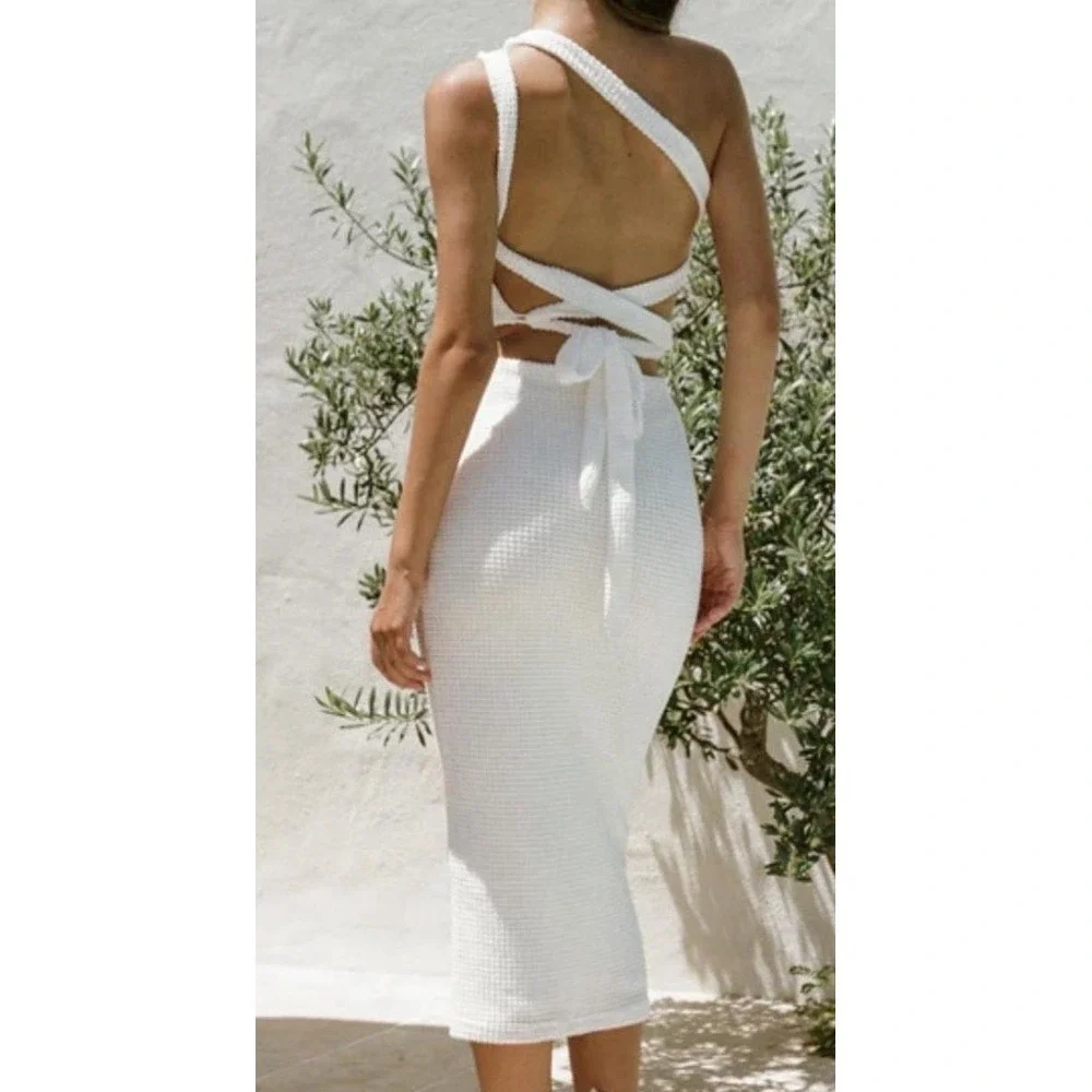 Sabo Strappy Backless Carolina Dress Small White NWT  Minimalist Resort Stretch